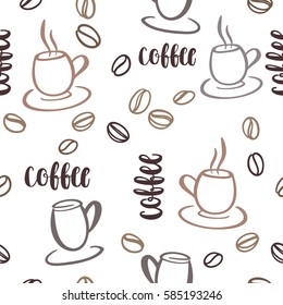 Decorative vector seamless pattern with illustration of cups, coffee beans and handwritten brush lettering. Background with beverages dishes line art  and calligraphy on white background.