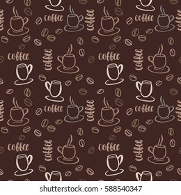 Decorative vector seamless pattern with illustration of cups, coffee beans and handwritten brush lettering. Background with beverages dishes line art  and calligraphy on dark brown background.