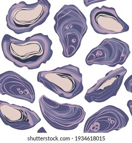 Decorative vector seamless pattern with oysters. Background with hand drawn marine premium gourmet clams in trendy flat style with dry brush texture on white background.