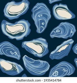 Decorative vector seamless pattern with oysters. Background with hand drawn marine premium gourmet clams in trendy flat style with dry brush texture on dark background.