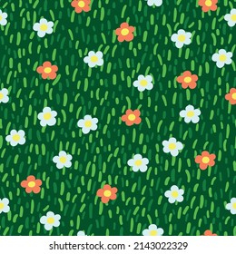 Decorative vector seamless pattern with pink and white spring flowers on meadow grass