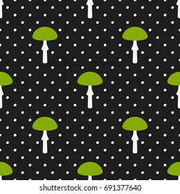 Decorative vector seamless pattern for printing, design, textiles, covers and other materials. Bright green mushrooms on a background with dots