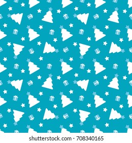 Decorative vector seamless pattern for printing, design, decoration, textiles and other. New Year background with firs, stars and gift boxes in a palette of white and blue