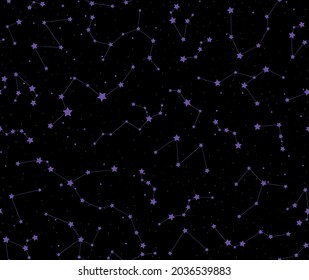 Decorative vector seamless pattern with stars constellations on the night sky 
