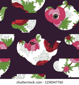 Decorative vector seamless pattern with teacup sand teapots in white, red, pink and colors colors on dark purple backdrop