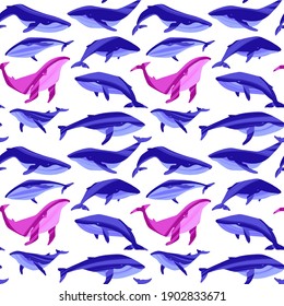 Decorative vector seamless pattern with whales. Ocean animals in trendy flat style. Hand drawn marine mammals with decorative dry brush texture. 