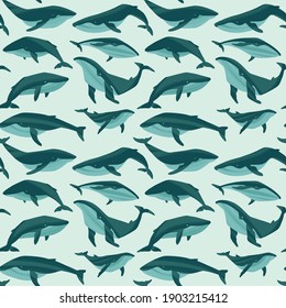 Decorative vector seamless pattern with whales. Ocean animals in trendy flat style. Hand drawn marine mammals with decorative dry brush texture. 