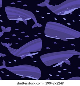 Decorative vector seamless pattern with whales. Repeated texture with hand drawn marine mammals: blue whale, white whale and sperm whale. Underwater background with ocean animals.