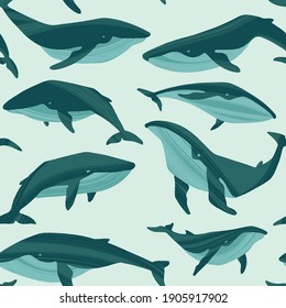 Decorative vector seamless pattern with whales. Repeated texture with hand drawn marine mammals: blue whale, white whale and sperm whale. Underwater background with ocean animals.