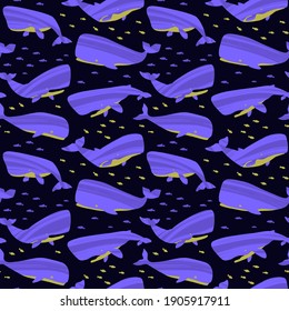 Decorative vector seamless pattern with whales. Repeated texture with hand drawn marine mammals: blue whale, white whale and sperm whale. Underwater background with ocean animals.