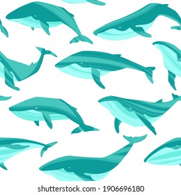 Decorative vector seamless pattern with whales. Repeated texture with hand drawn marine mammals: blue whale, white whale and sperm whale. Underwater background with ocean animals.