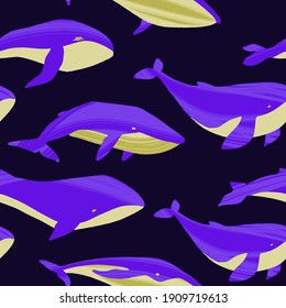 Decorative vector seamless pattern with whales. Repeated texture with hand drawn marine mammals: blue whale, white whale and sperm whale. Underwater background with ocean animals.