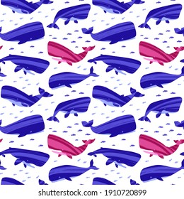 Decorative vector seamless pattern with whales. Ocean animals in trendy flat style. Hand drawn marine mammals with decorative dry brush texture. 