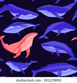 Decorative vector seamless pattern with whales. Repeated texture with hand drawn marine mammals: blue whale, white whale and sperm whale. Underwater background with ocean animals.