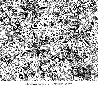 Vector decorativo de textura sin fisuras con adorno floral manuscrito — pétalos, líneas y flores