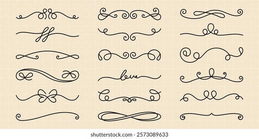 Decorative Vector set. Collection of decorative swirls and flourishes. Elegant swirls and flourishes for design. Use swirls and flourishes for invitations and crafts. Hand drawn ornament vector set.