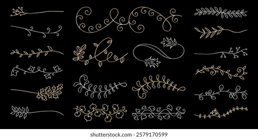 Decorative Vector set. Elegant floral dividers with gold and silver swirls. Decorative floral elements for design. Floral dividers and swirls on a dark background. Hand drawn ornament vector set.