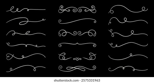 Decorative Vector set. Elegant swirl dividers on black. Swirl designs for decoration. Swirl motifs in various styles. Swirl elements for graphic design projects. Hand drawn ornament vector set.