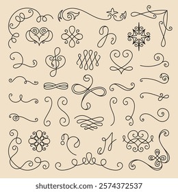 Decorative Vector set. Elegant vintage flourishes and swirls. Decorative swirls and flourishes for design. Vintage style flourishes and swirls for creative projects. Hand drawn ornament vector set.