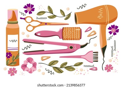 Decorative vector set of elements, tools, accessories for hair master. Hair dryer, comb, scissors and other. Isolated on white background, hand-drawn vector illustration. 