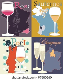 decorative vector set with four graphic illustration with different sorts of  wine and champagne