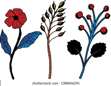 Decorative vector simple twigs and flowers color