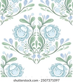 Decorative vector Slavic pattern with bouquet of blue flowers. Folk floral textile. National surface design with poppies and foliage for fabrics, tablecloths and curtains