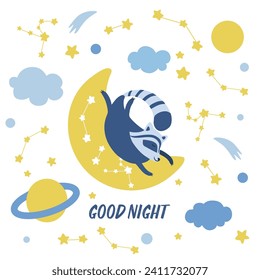 Mentiras decorativas de mapaches vectoriales durmientes, estrellas, planeta, luna, nubes aisladas en fondo blanco, mamíferos salvajes, ilustración animal lindo para diseñar buena tarjeta nocturna, afiche de dibujos animados para niños