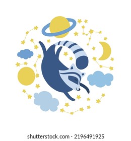 Decorative vector sleeping raccoon lying, stars, planet, moon, clouds isolated on white background, wild mammal, illustration cute animal for design good night card, children cartoon poster for kids