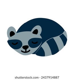 Decorative vector sleeping raccoon lying isolated on white background, wild mammal, flat cartoon illustration cute animal for design good night card, children pattern, cartoon poster, maps for kids