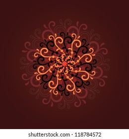 Decorative vector snowflake. Ornament on dark red background.