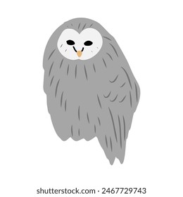 Decorative vector snowy owl isolated on white background, wild mystical bird, flat cartoon illustration cute crow for design children animal pattern, cartoon poster, map for kids, greeting card