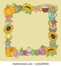  Decorative vector square border frame with houdehold harvest season stuff in graphic design illustration