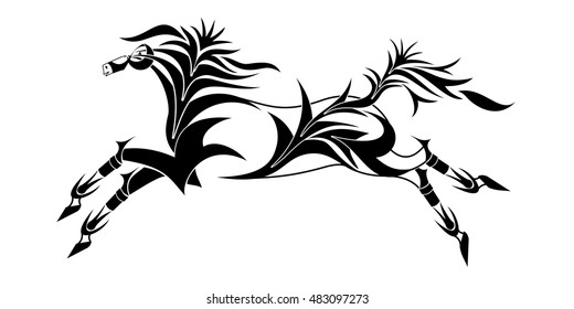 Decorative vector stylized running horse. In a flat style with an angled abstract elements in the Gothic style. black-and-white on a white background Sketch for tattoo, pattern
