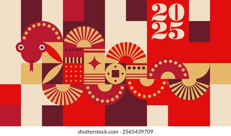 Decorative vector of a stylized snake with geometric patterns and Chinese zodiac symbolism on a red and gold background. Great for celebrations.