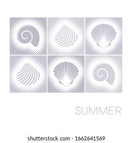 Decorative vector summer card with seashells halftone design