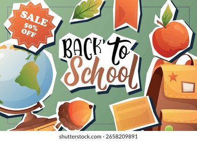 Decorative vector template with Back to School text and sticker style elements like globe, apple, and badge. Ideal for posters and ads.
