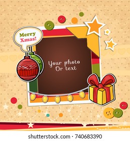 Decorative vector template frame. This photo frame you can use for kids picture or memories. Scrapbook design concept. Insert your picture. Merry Christmas and Happy New Year 