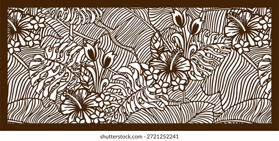 Modelo vetorial decorativo para corte a laser, escultura em madeira ou tela metálica. Padrão da natureza tropical com flores de hibisco, plumeria e folhas de monstros. Ornamento floral retangular para decoração de parede, divisor de quarto ou cerca de privacidade. Silhueta em preto e branco