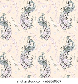 Decorative vector texture with purple fire bird in crown on light beige background with abstract feathers 