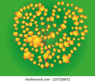 Decorative vector tree silhouette in autumn with brown leaves and wind