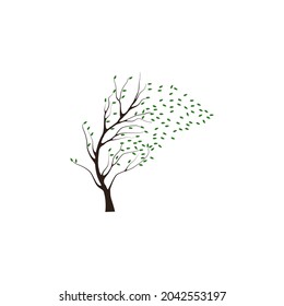 decorative vector tree silhouette in autumn with brown leaves and wind