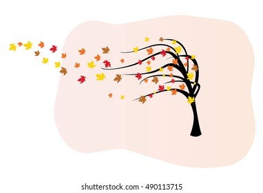 Decorative vector tree silhouette in autumn with colorful leaves and wind