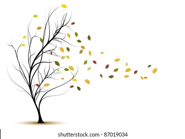 decorative vector tree silhouette in autumn with brown leaves and wind