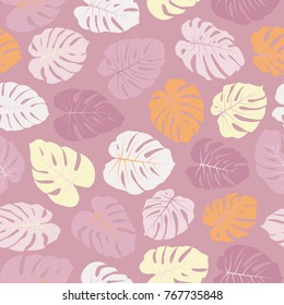 Decorative vector tropical pattern with jungle leaves decor, seamless fabric background. Floral jungle ornament with monstera leaf tropical seamless pattern. Philodendron or monstera plant background.