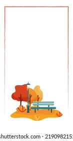 Banner vertical vector decorativo. Marco con la escena del parque otoñal con árboles, bancos y luz de la calle. Perfecto para medios sociales, carteles, tarjetas, materiales impresos, etc.