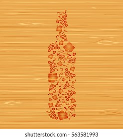 Decorative vector wine bottle of grape bunches and grape leaves on a wooden texture