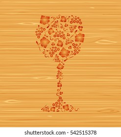Decorative vector wine glass of grape bunches and grape leaves on a wooden texture