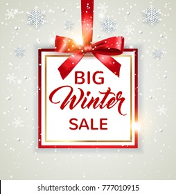 Decorative vector winter background with white snowflakes and lettering. Design for seasonal Christmas sale with red frame and bow