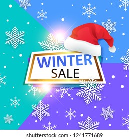 Decorative vector winter banner with Santa's hat on abstract background. Design for seasonal Christmas sale